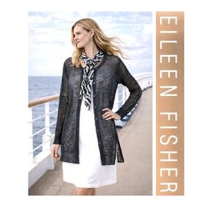 Eileen Fisher Black Linen Blend Crochet Open Knit Beachy Coastal Cardigan S